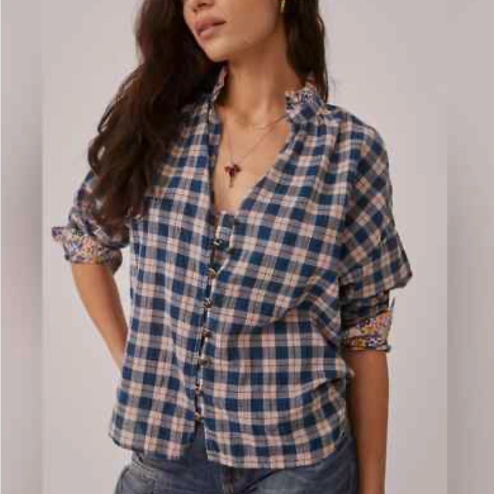 NWT Anthropologie Pilcro blue Peach The Tavi Plaid Button Down Blouse Size L